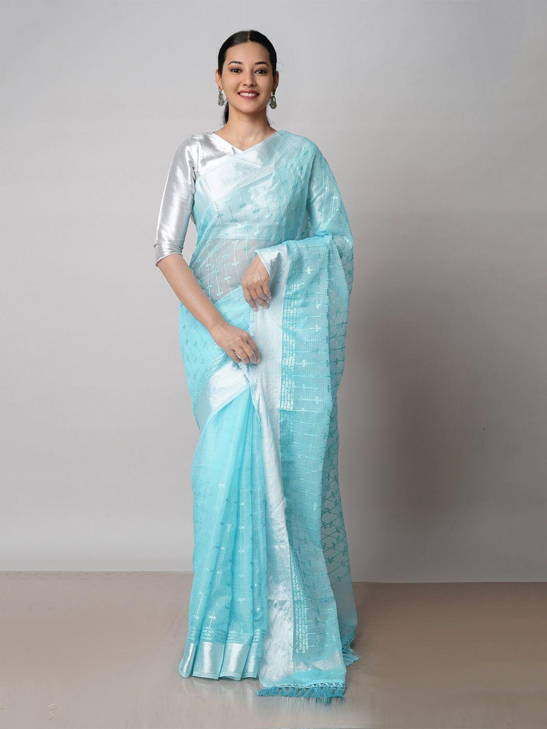 unnati silks blue & silver-toned floral embroidered pure cotton handloom kota saree