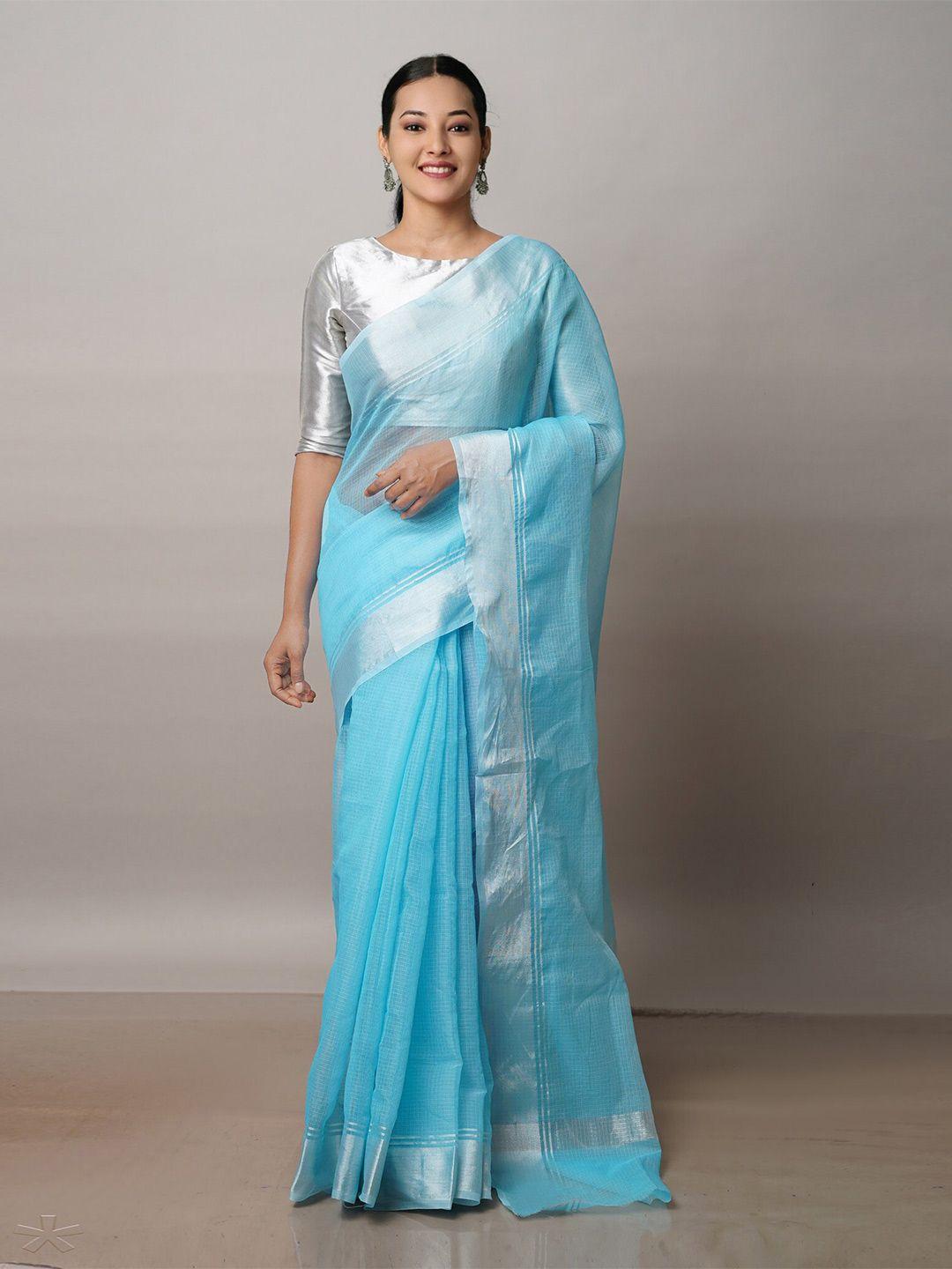 unnati silks blue & silver-toned zari pure cotton kota saree