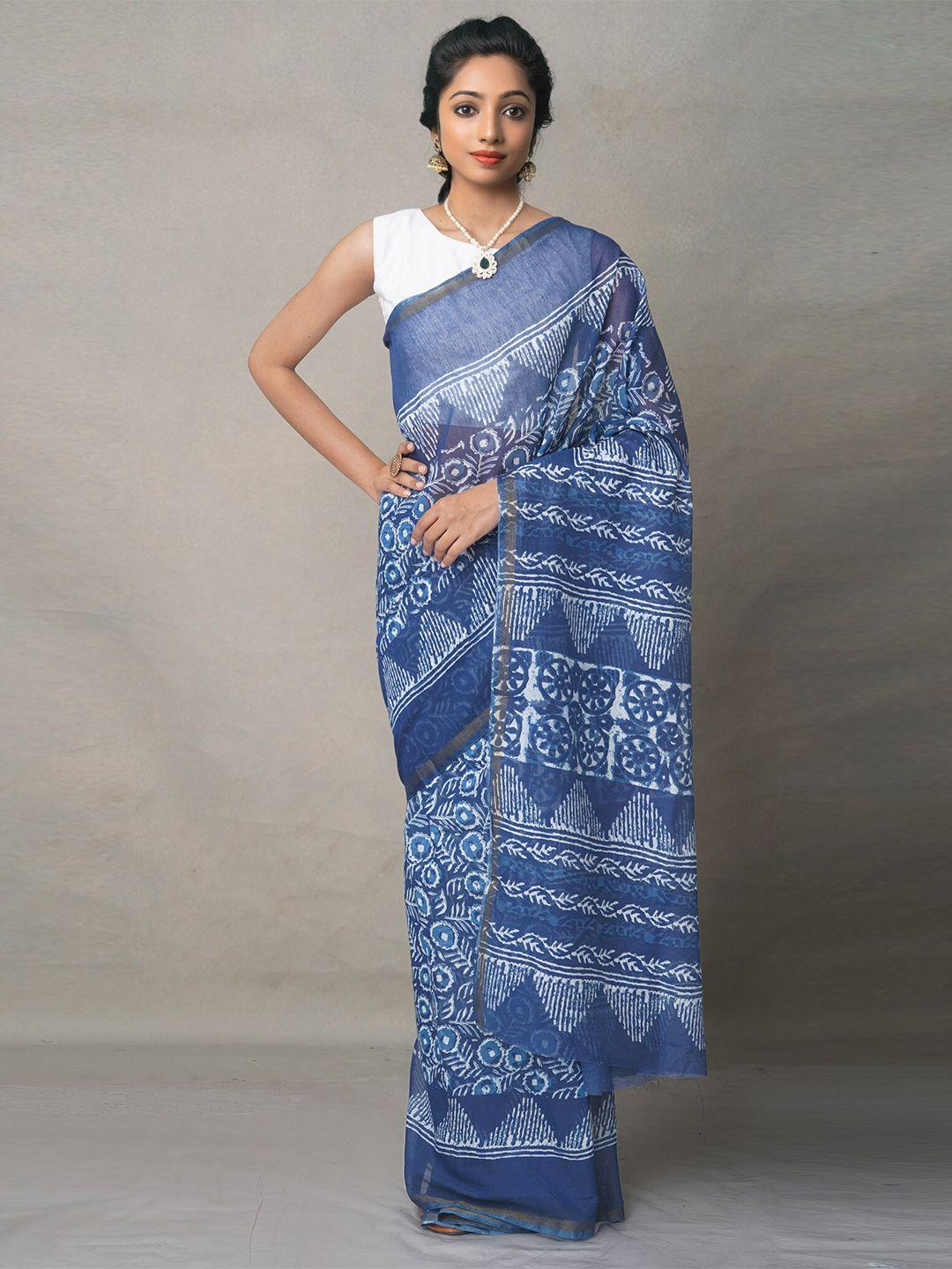 unnati silks blue & white dabu silk cotton chanderi saree