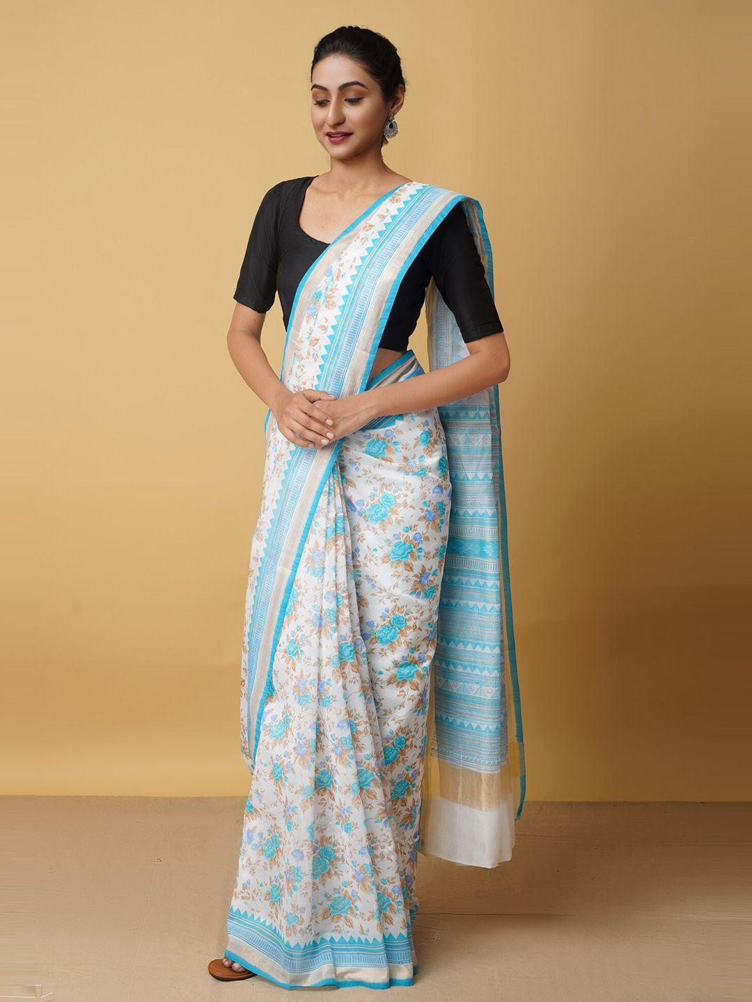 unnati silks blue & white floral silk cotton baluchari saree