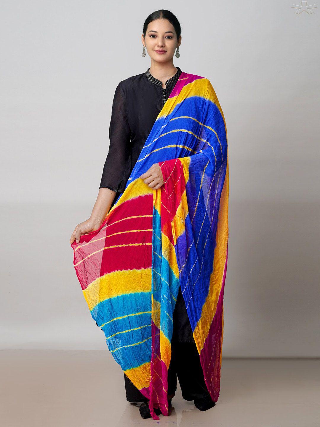 unnati silks blue & yellow printed bandhani dupatta