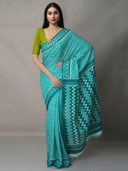 unnati silks blue cotton printed saree with blouse