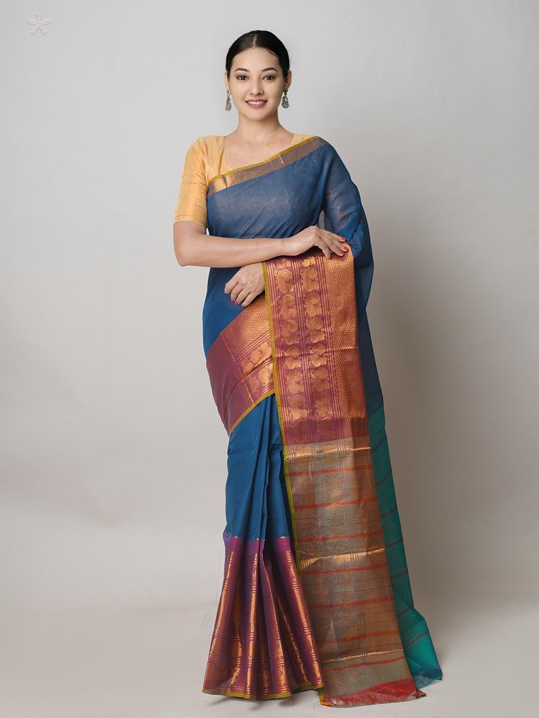 unnati silks blue pure cotton zari handloom narayan peth saree