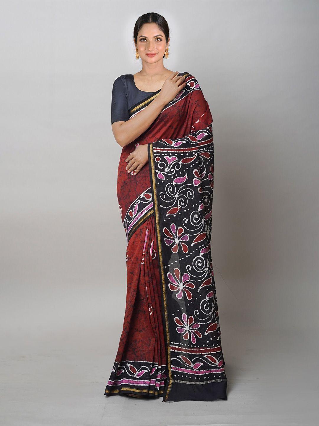 unnati silks brown & black batik zari silk cotton handloom chanderi saree