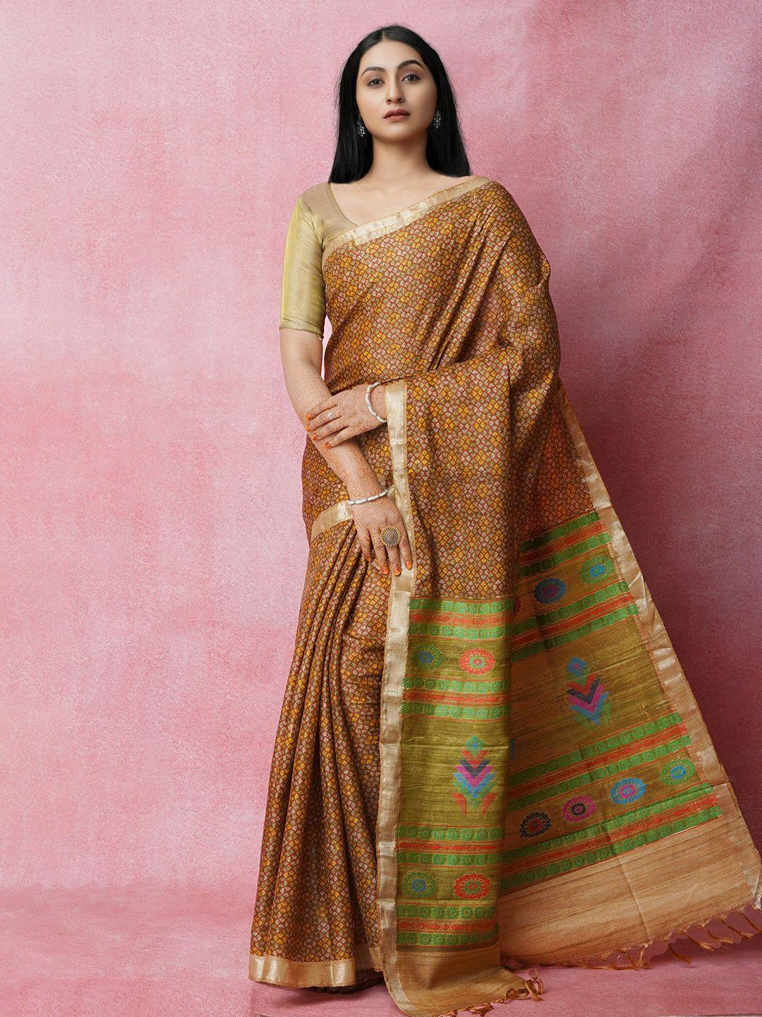 unnati silks brown & green ethnic motifs zari jute silk handloom tussar saree