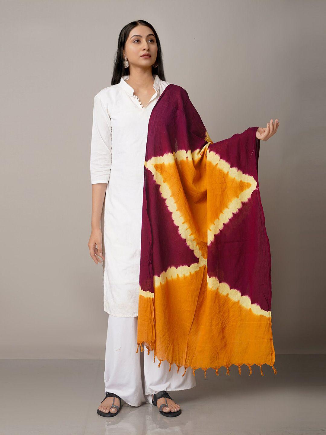unnati silks brown & orange printed pure cotton shibori dupatta