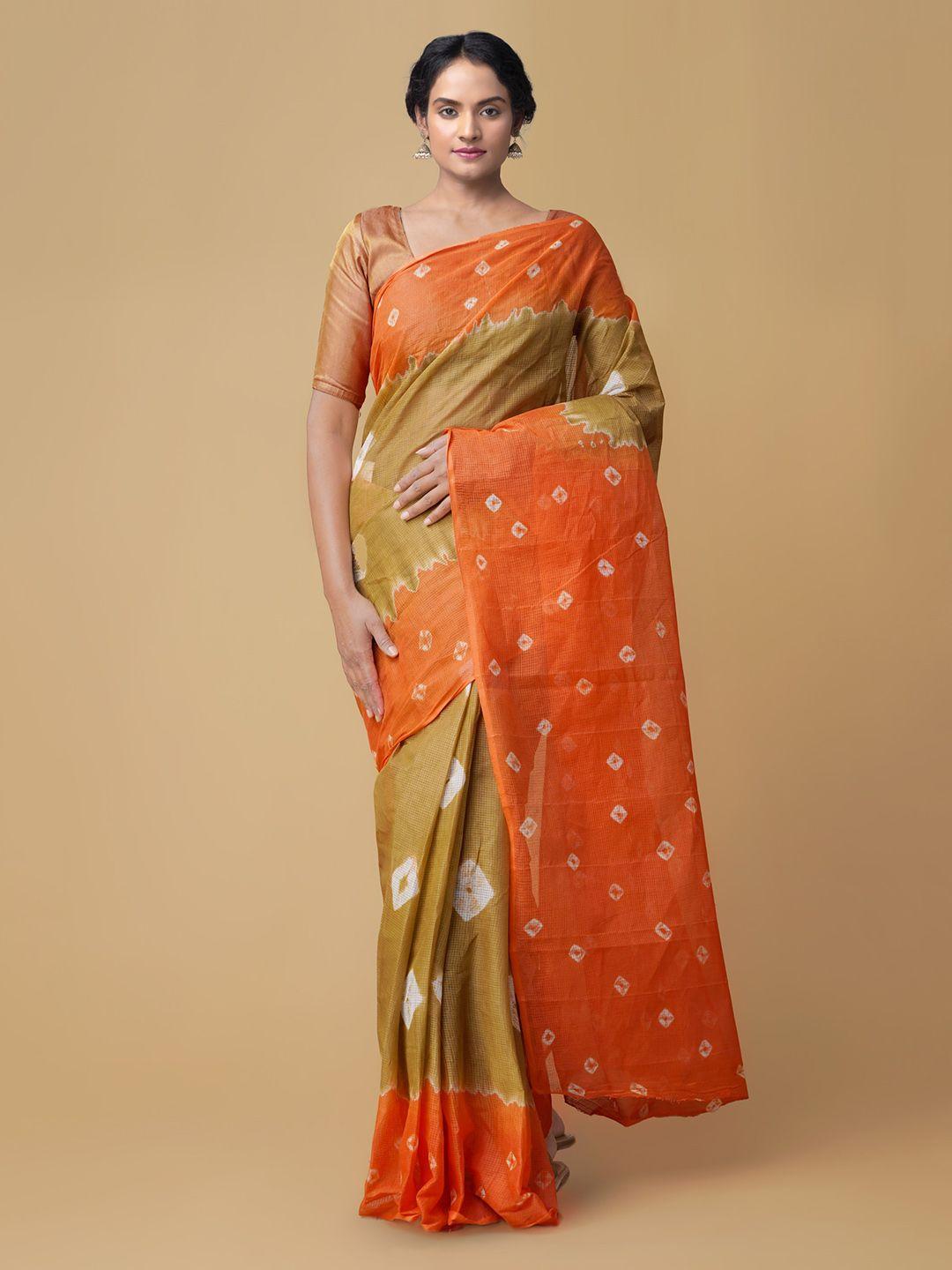 unnati silks brown & orange pure cotton colourblocked bandhani saree