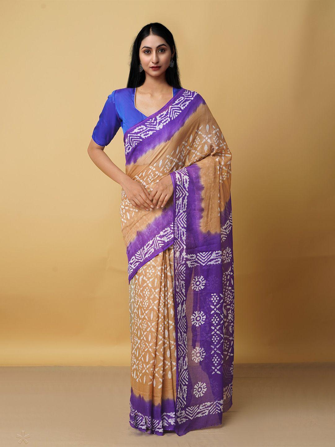 unnati silks brown & purple batik pure cotton kota saree