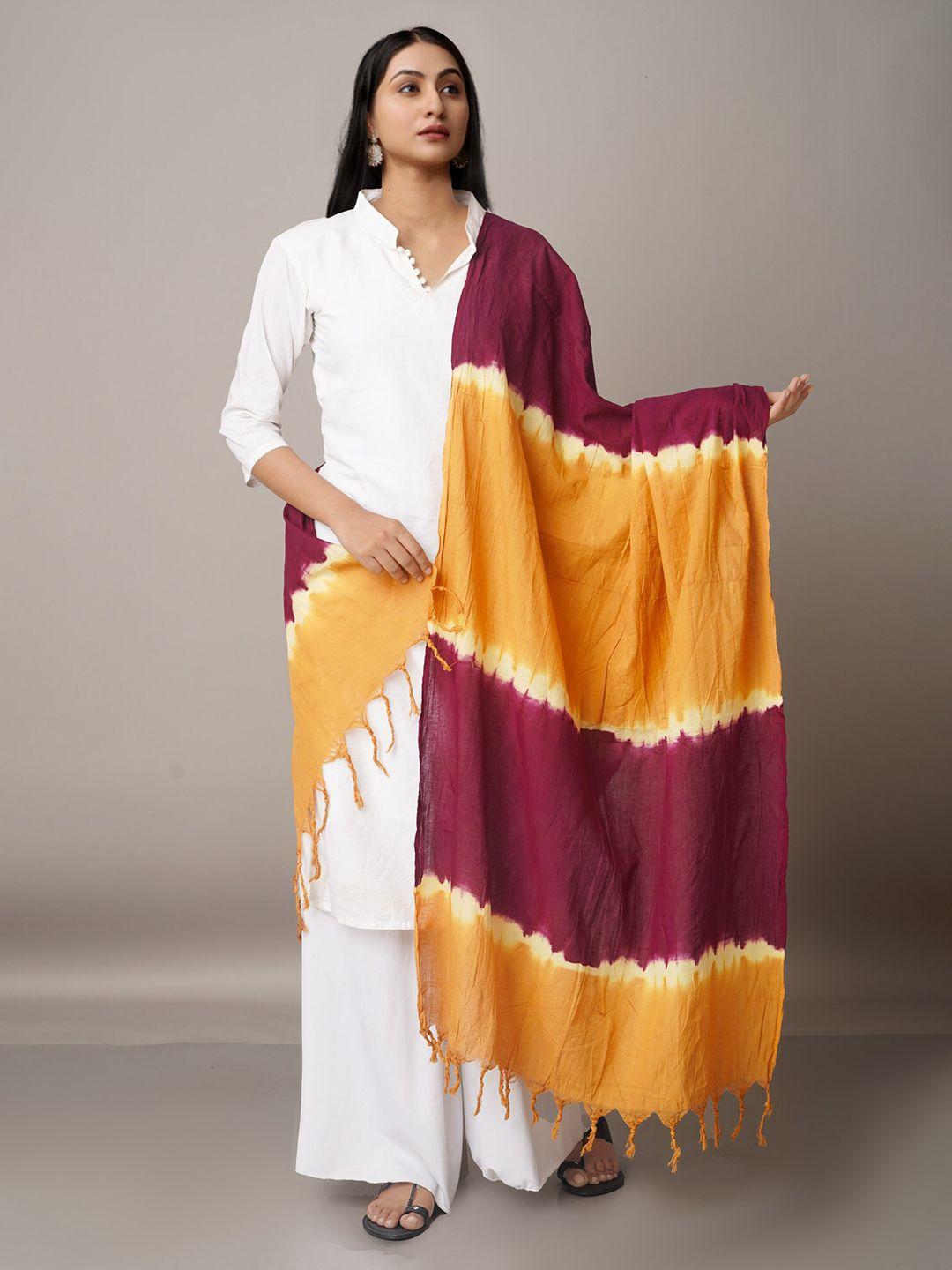 unnati silks brown & purple dyed pure cotton shibori dupatta