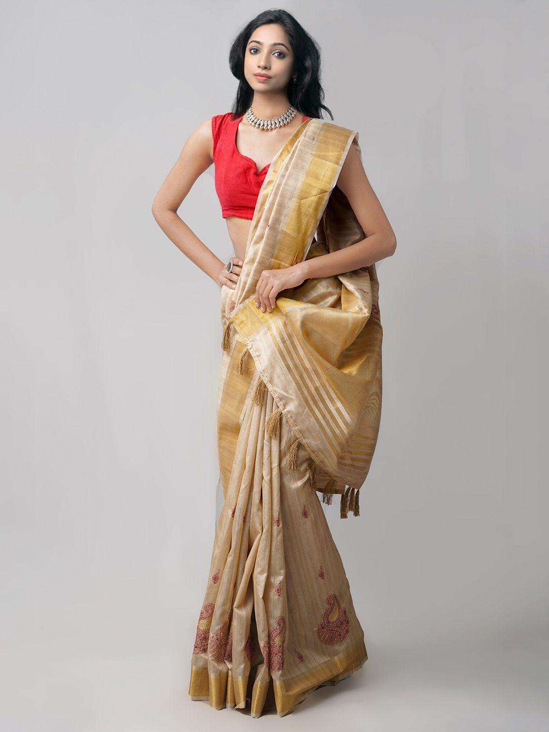 unnati silks brown & red ethnic motifs embroidered zari silk blend tussar saree
