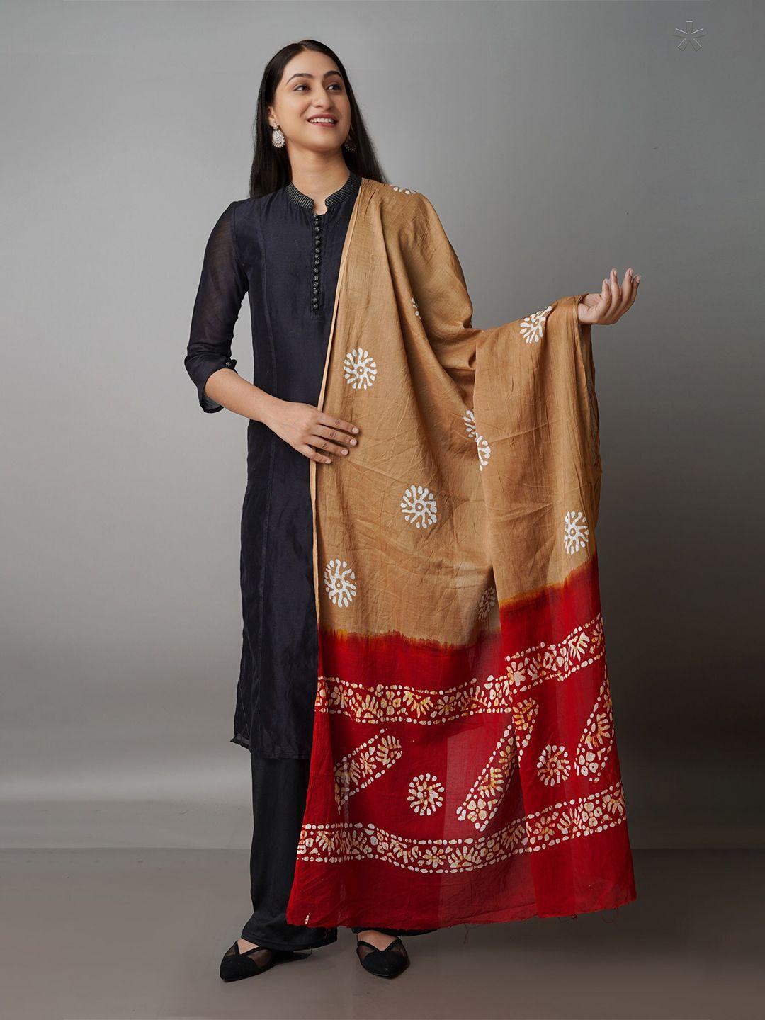 unnati silks brown & red ethnic motifs printed pure cotton batik dupatta