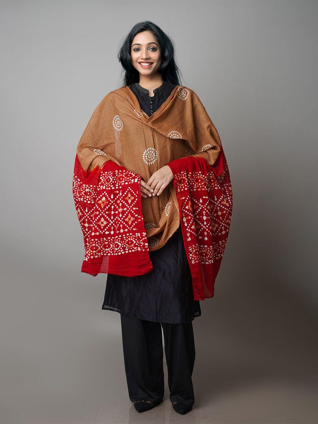 unnati silks brown & red ethnic motifs printed pure cotton batik dupatta
