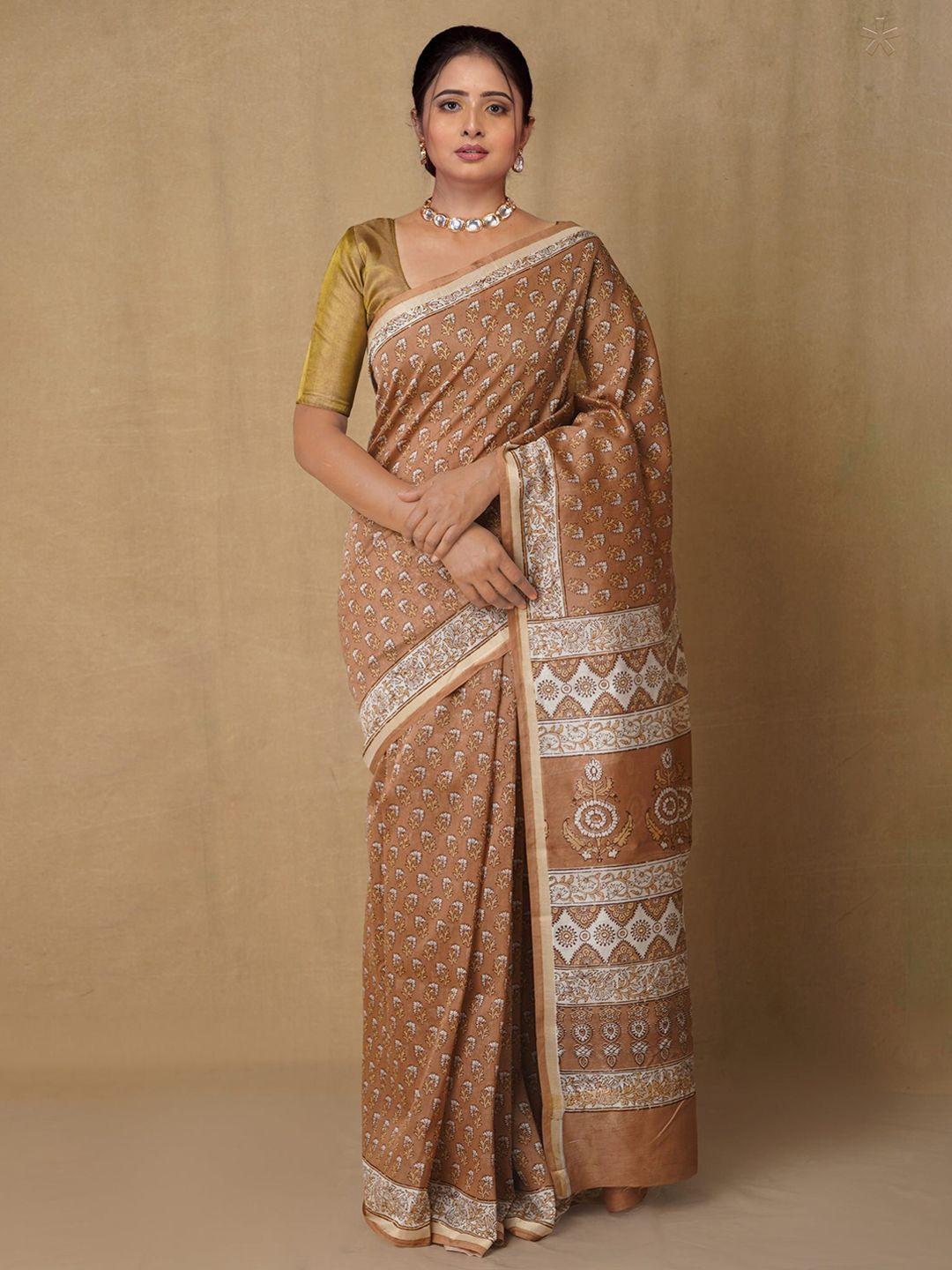 unnati silks brown & white ethnic motifs silk cotton chanderi saree