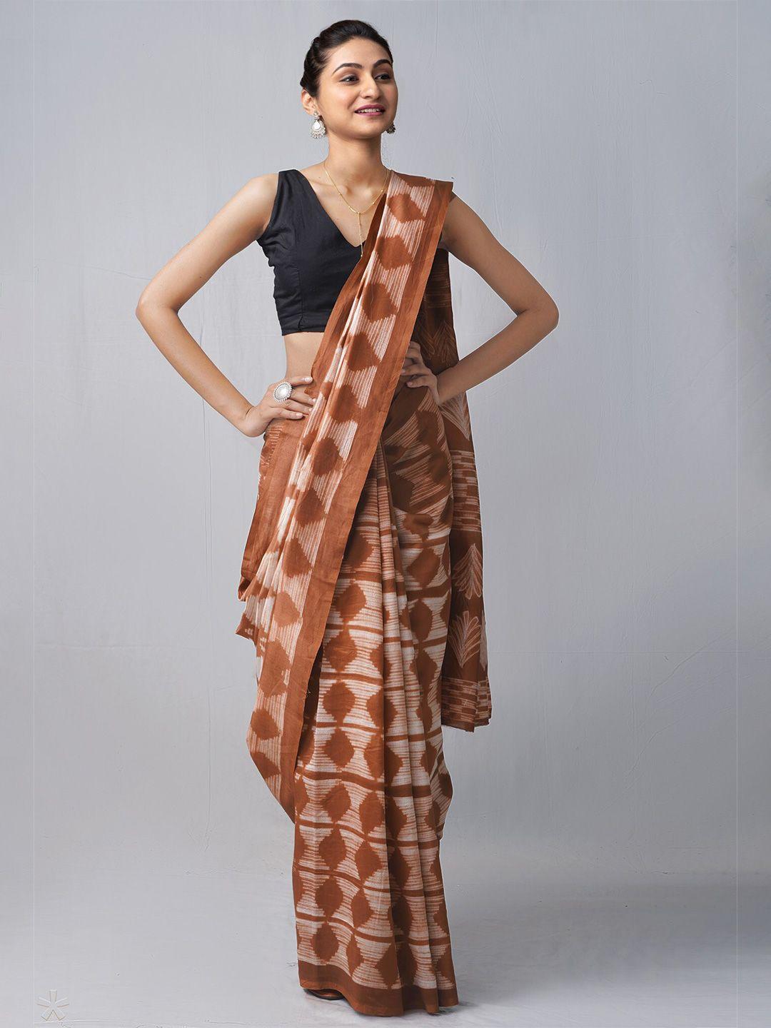 unnati silks brown & white silk cotton chanderi saree
