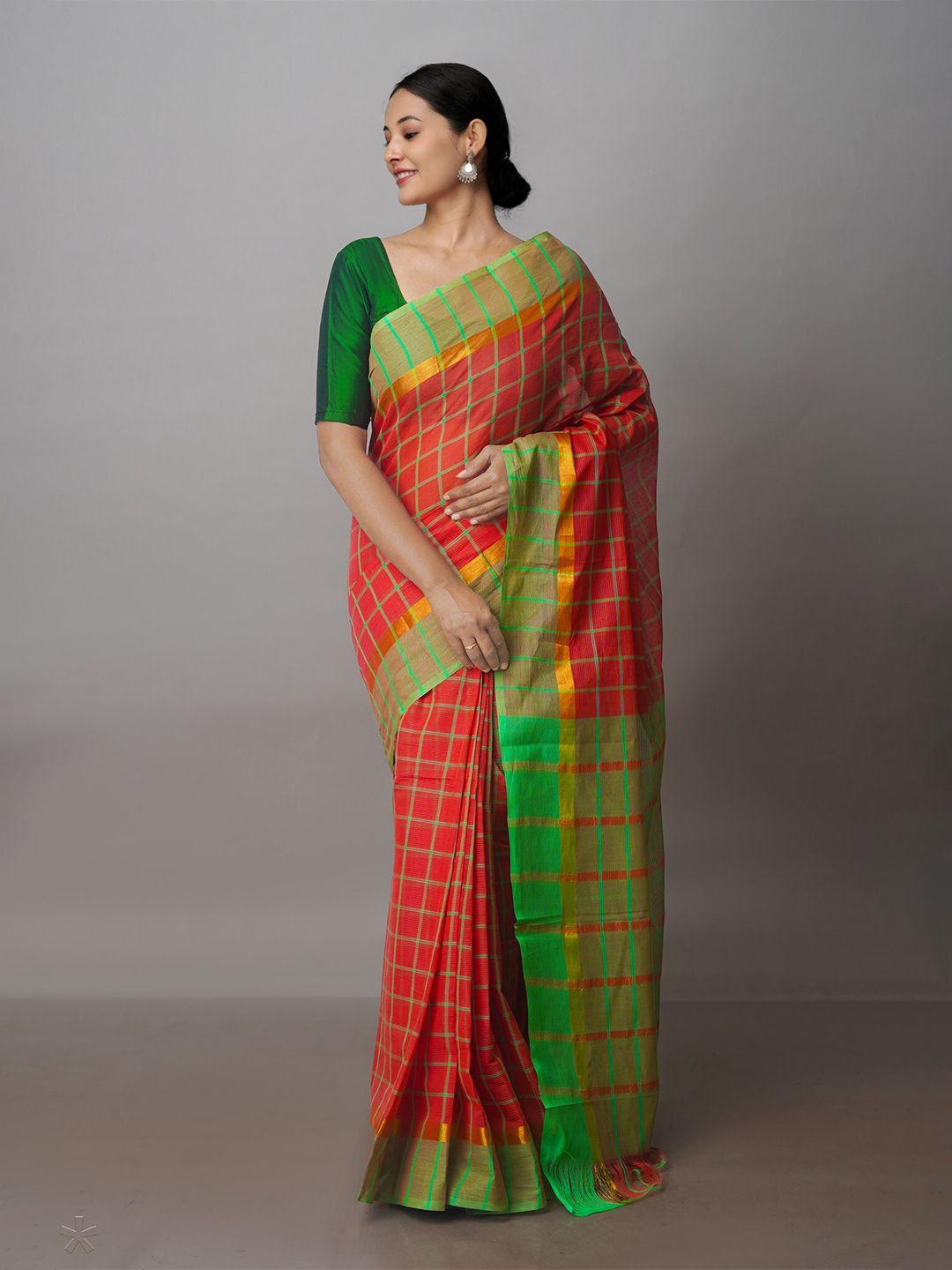 unnati silks checked pure cotton handloom mangalagiri zari saree