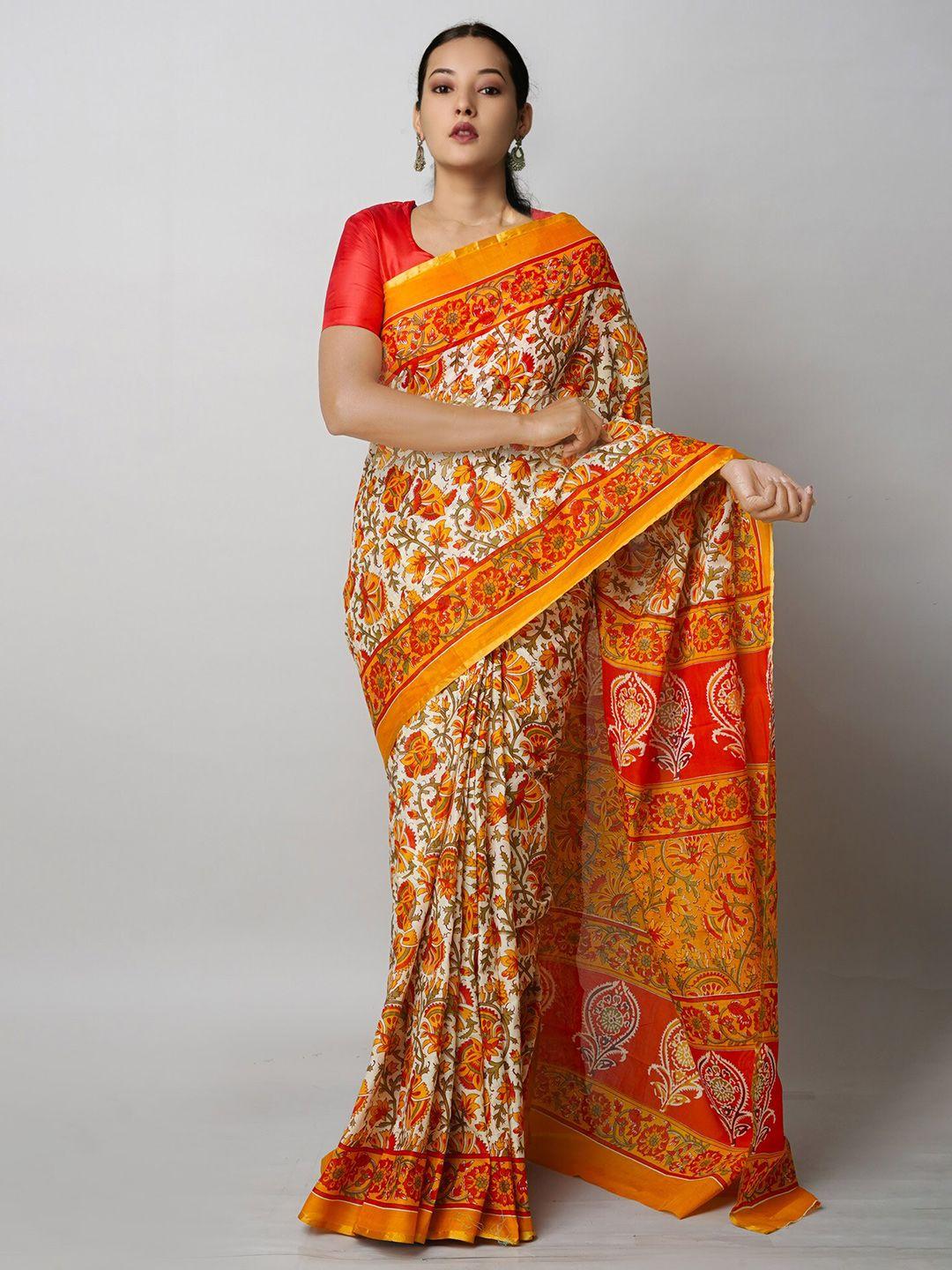 unnati silks cream-coloured & orange ajrak block pure cotton handloom block print saree