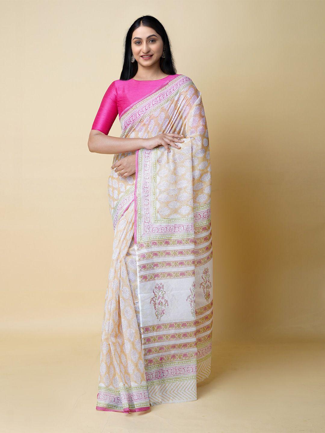 unnati silks cream-coloured & pink ethnic motifs pure cotton kota saree
