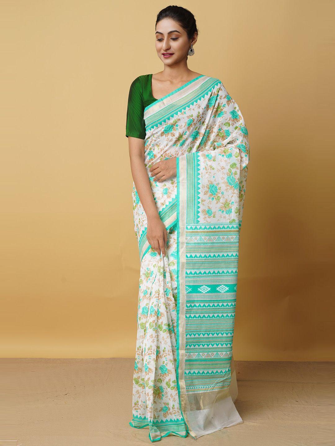 unnati silks cream-coloured & silver-toned ethnic motifs zari silk cotton baluchari saree