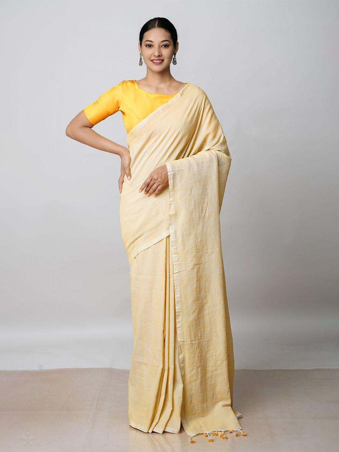 unnati silks cream-coloured pure linen jamdani saree