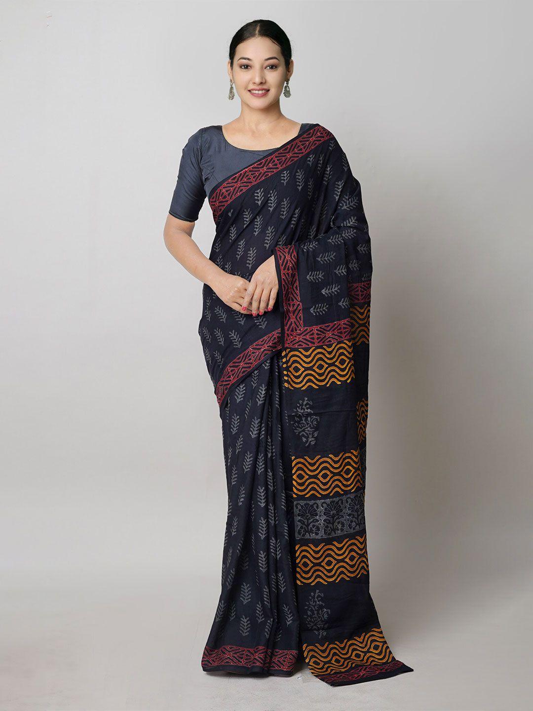 unnati silks ethnic motifs block printed pure cotton handloom saree