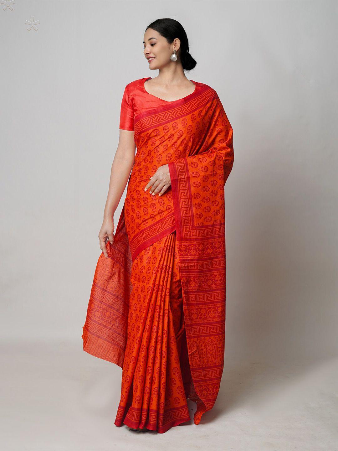 unnati silks ethnic motifs block printed pure cotton saree