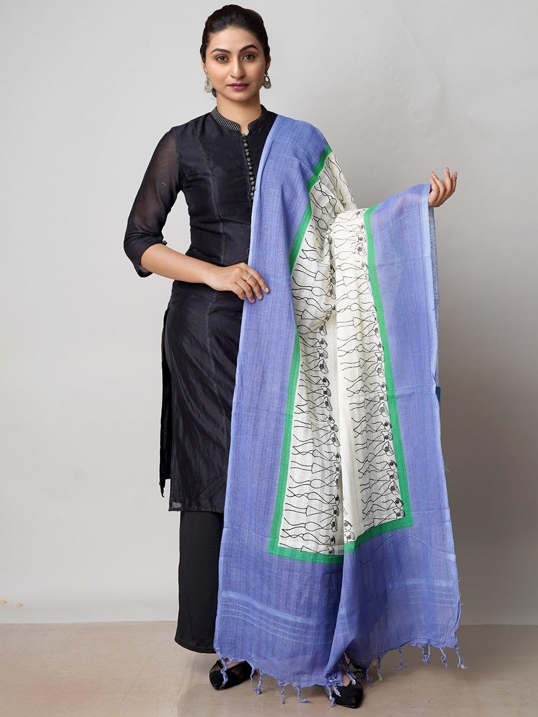 unnati silks ethnic motifs block printed pure cotton tasselled border dupatta