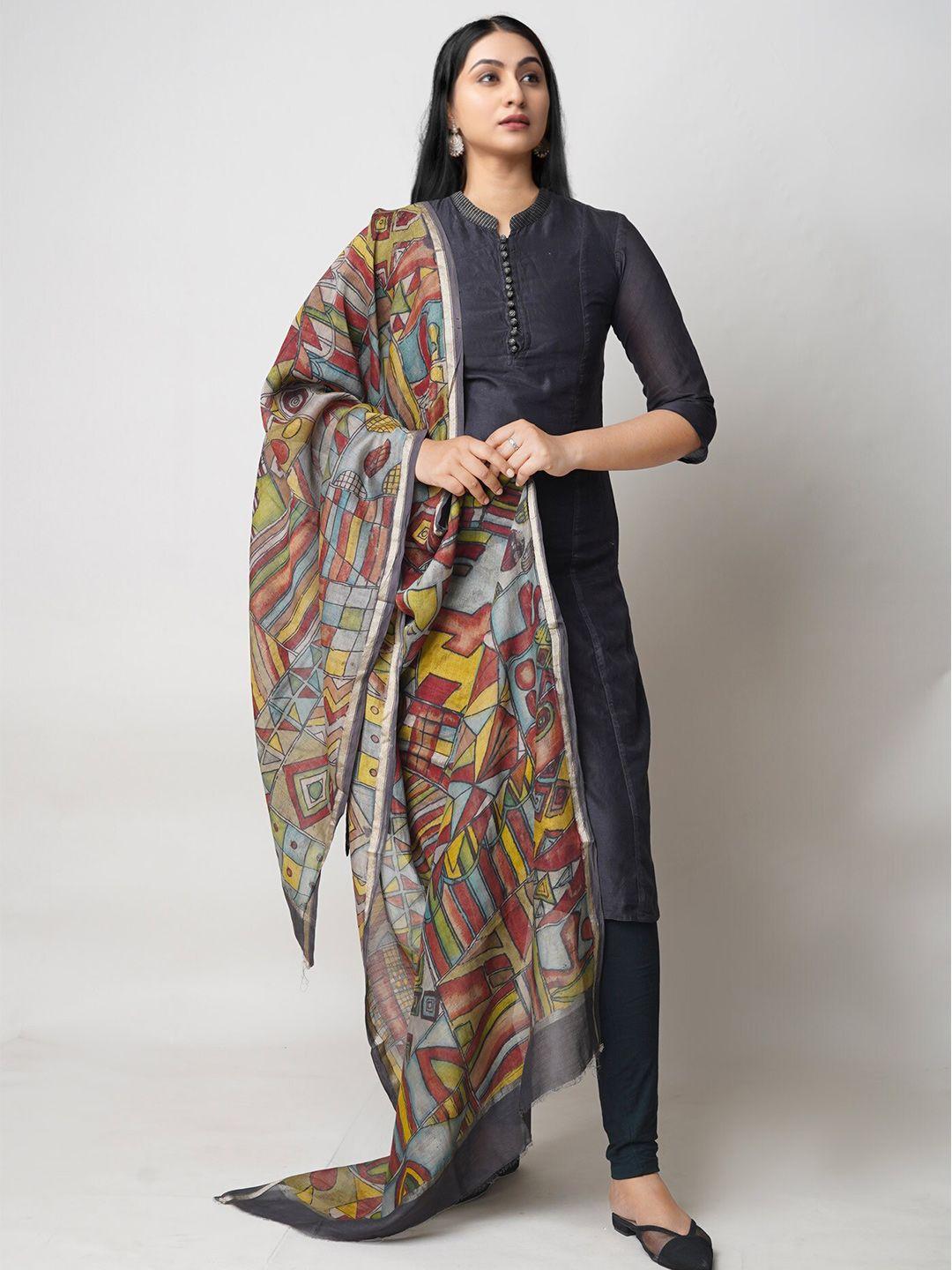 unnati silks ethnic motifs printed cotton silk kalamkari dupatta with zari