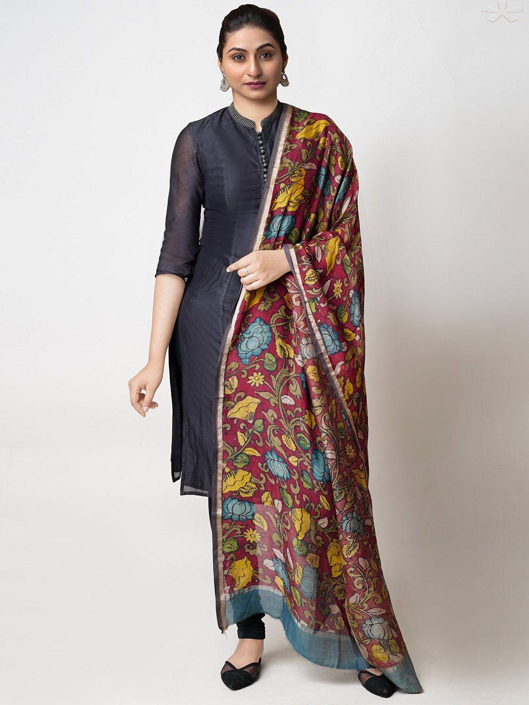unnati silks ethnic motifs printed cotton silk kalamkari dupatta with zari