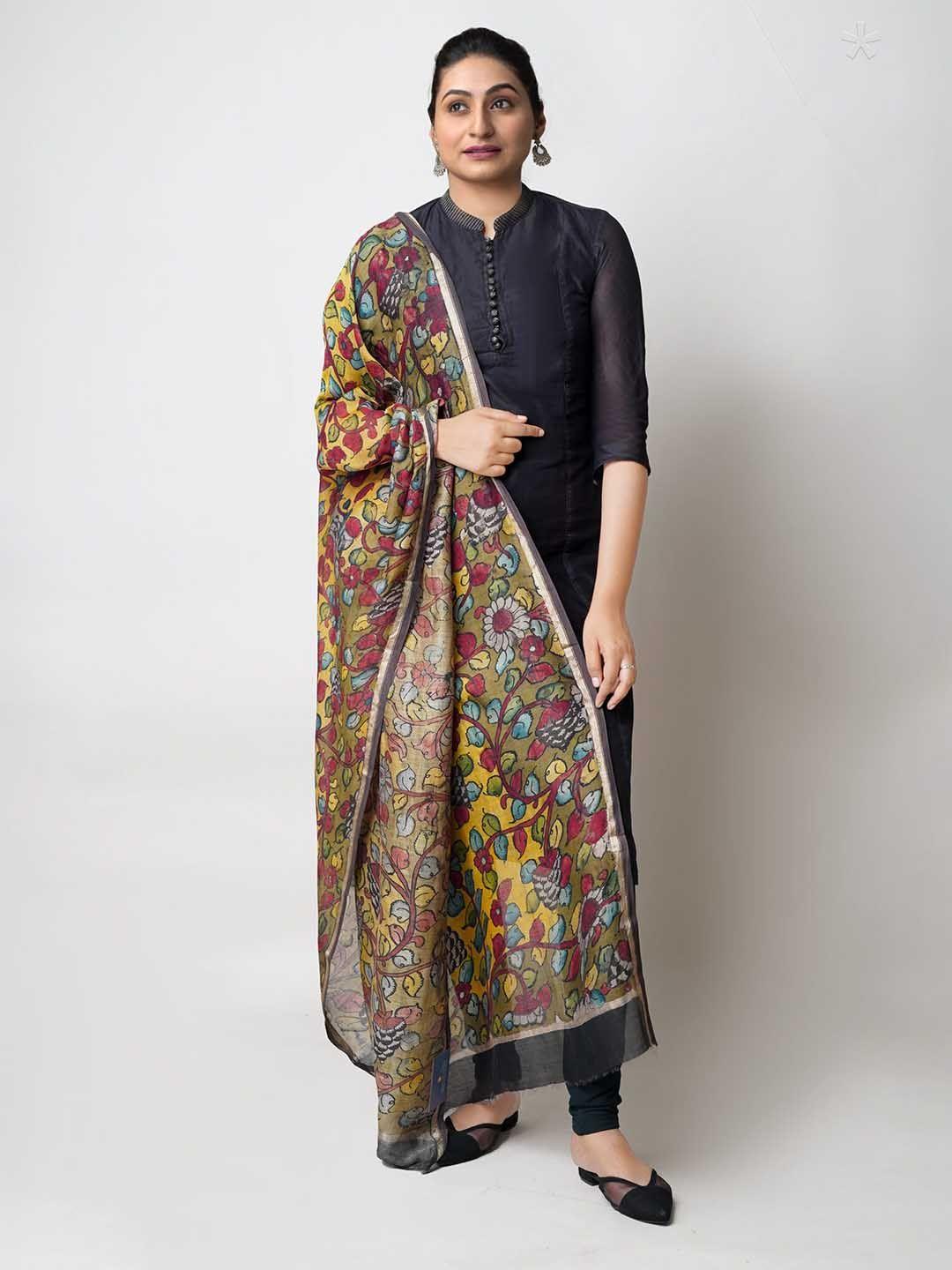 unnati silks ethnic motifs printed cotton silk kalamkari dupatta