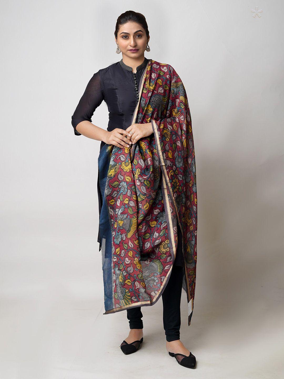 unnati silks ethnic motifs printed kalamkari zari cotton silk dupatta
