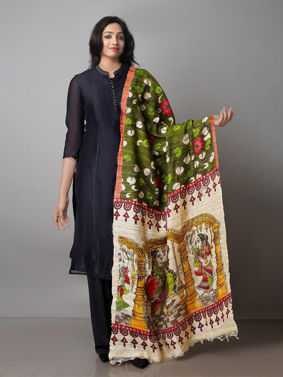 unnati silks ethnic motifs printed tussar jute cotton silk kalamkari dupatta