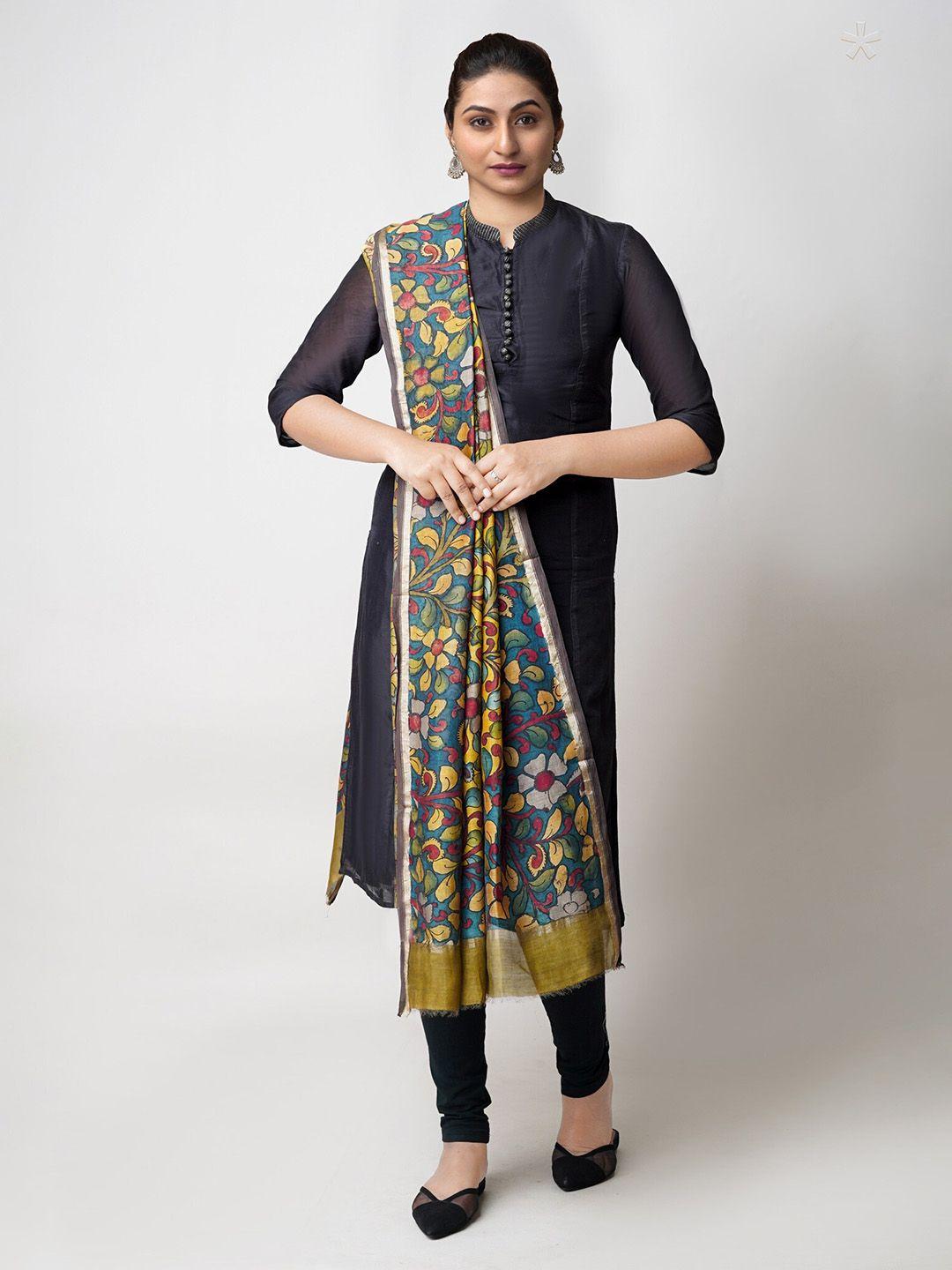 unnati silks ethnic motifs printed zari cotton silk kalamkari dupatta