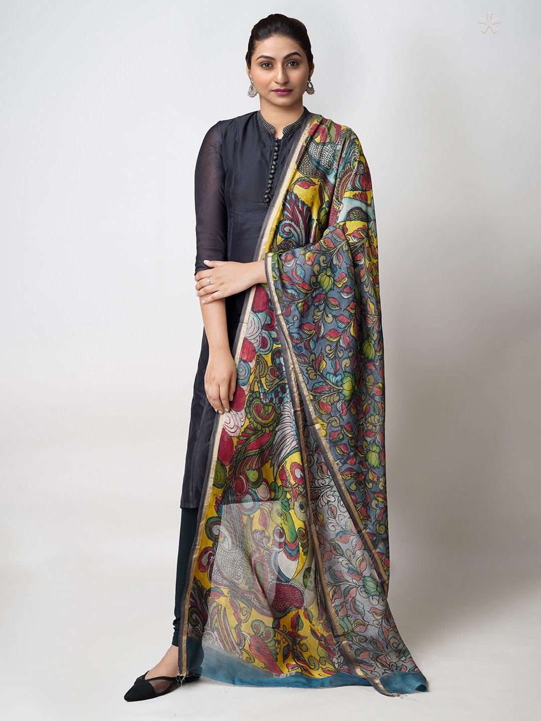 unnati silks ethnic motifs printed zari cotton silk kalamkari dupatta