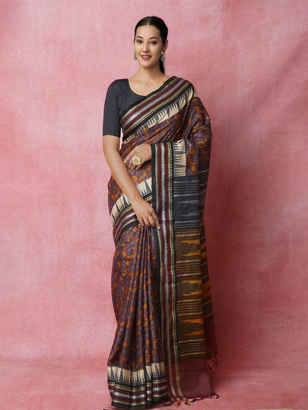 unnati silks ethnic motifs printed zari jute silk handloom tussar saree