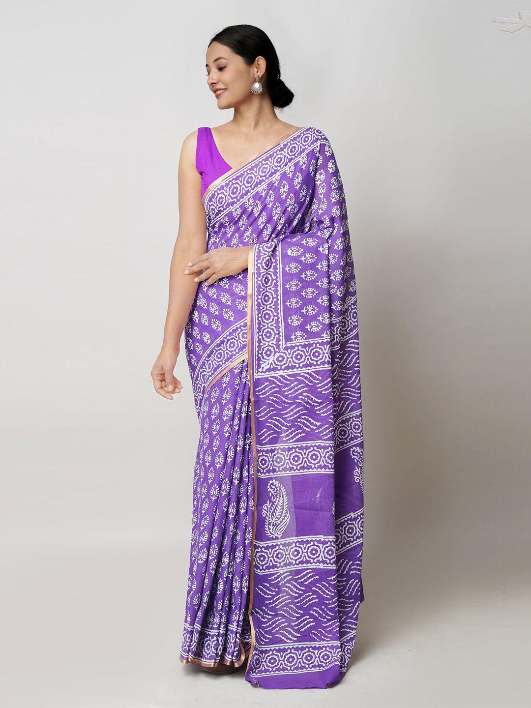 unnati silks ethnic motifs printed zari pure cotton block print saree