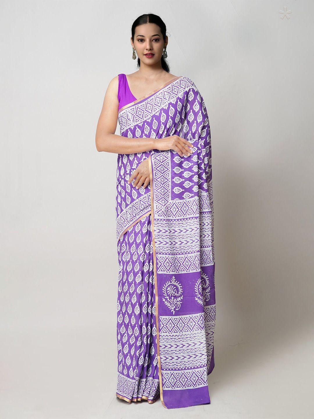 unnati silks ethnic motifs printed zari pure cotton handloom block print saree