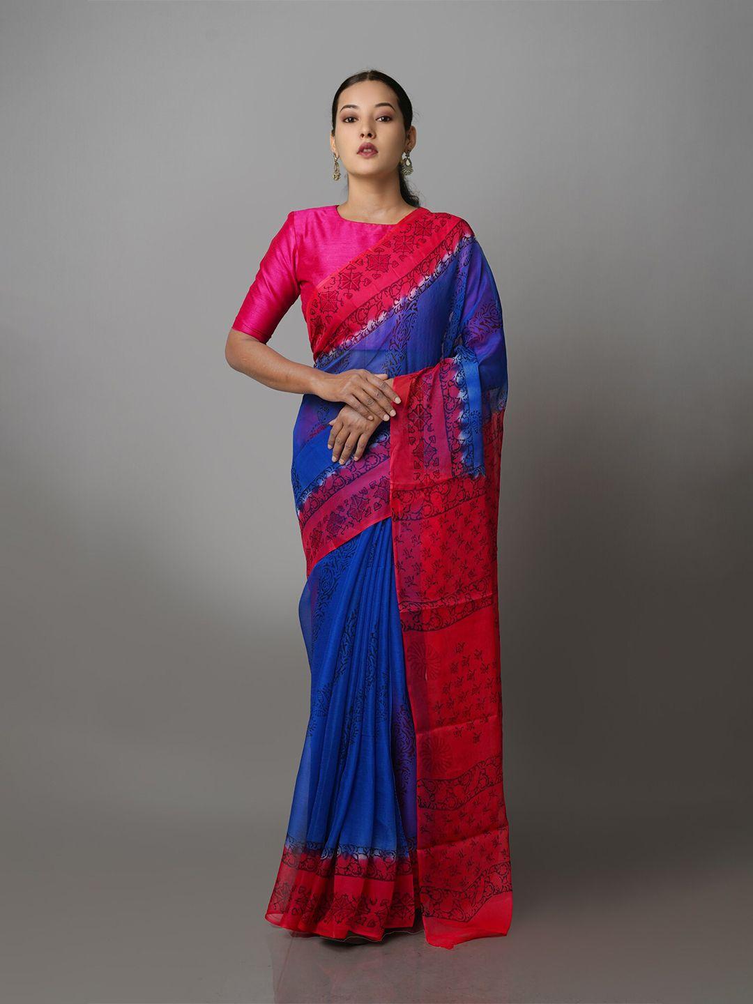 unnati silks ethnic motifs silk blend block print saree