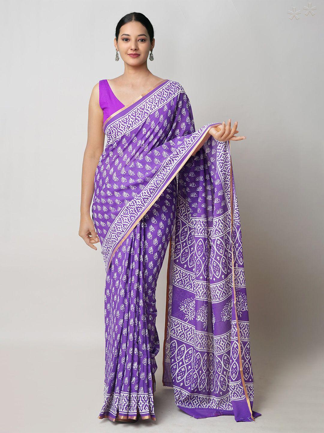 unnati silks ethnic motifs zari pure cotton block print saree