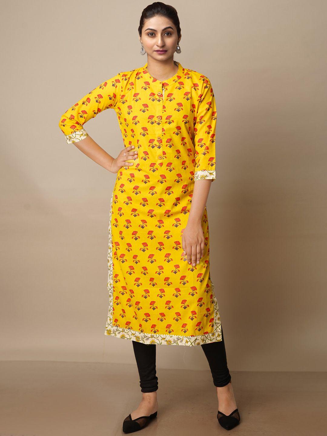 unnati silks floral printed band collar cotton kurta