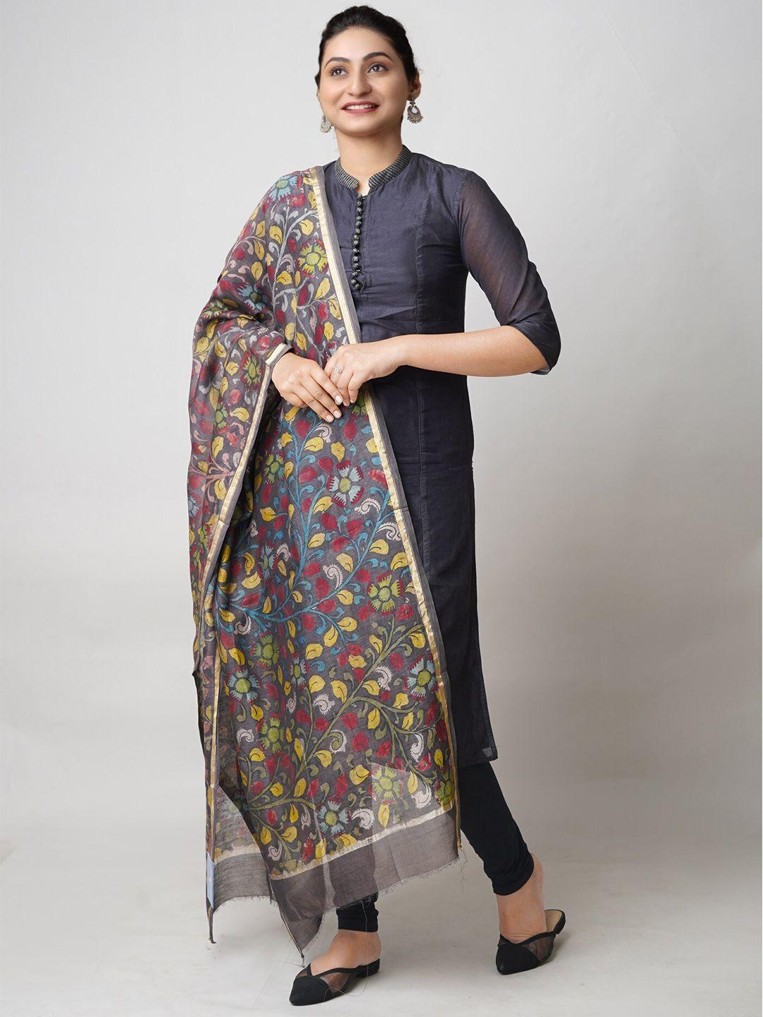 unnati silks floral printed cotton silk kalamkari dupatta with zari