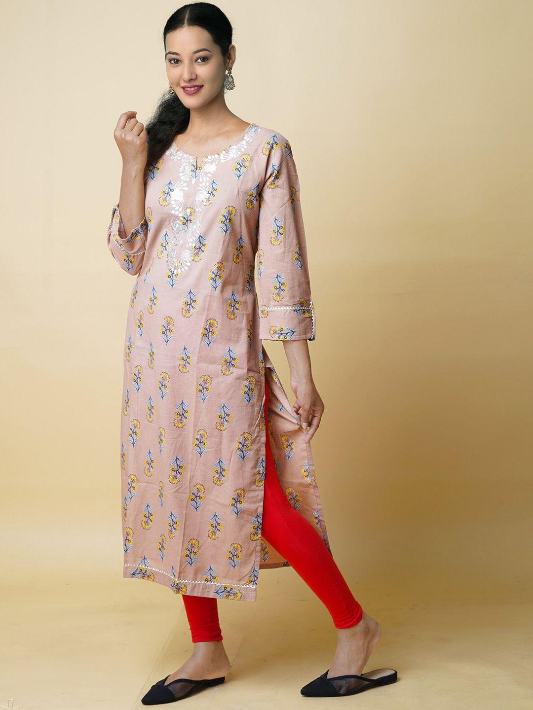 unnati silks floral printed flared sleeves cotton thread work handloom kurta