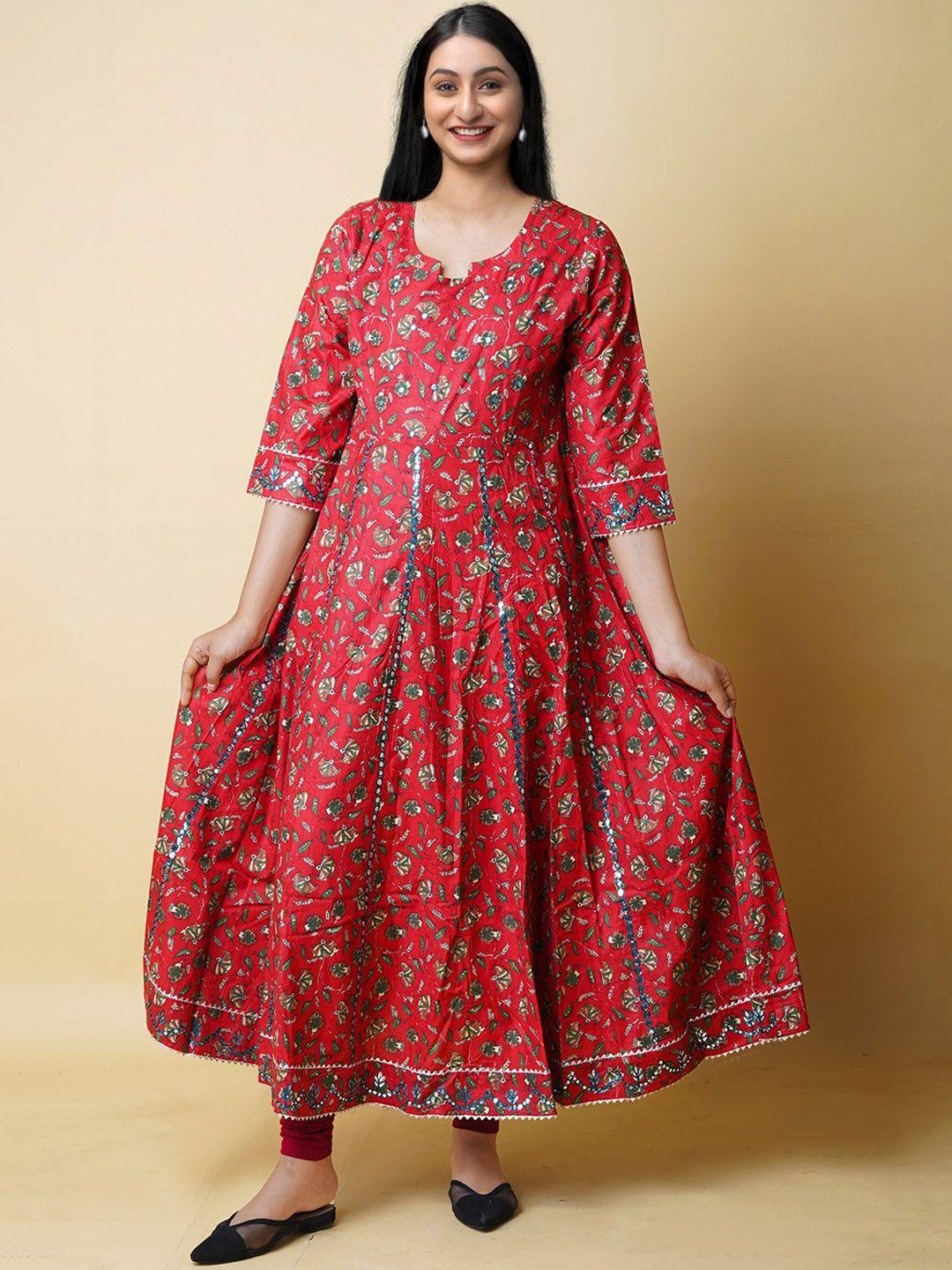 unnati silks floral printed flared sleeves thread work cotton handloom anarkali kurta