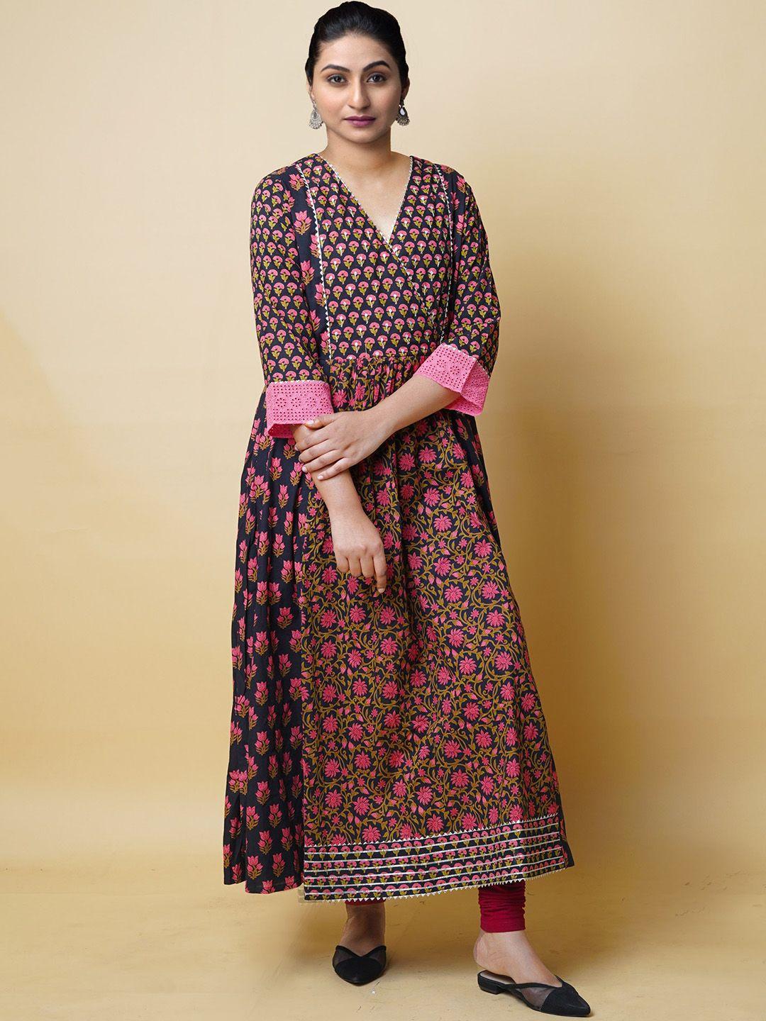 unnati silks floral printed mirror work cotton handloom anarkali kurta