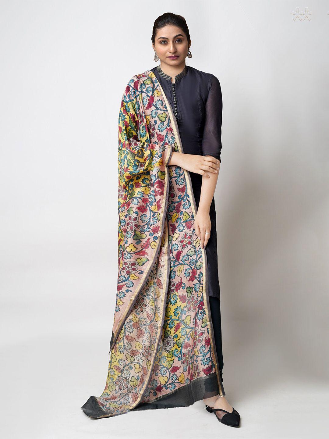 unnati silks floral printed zari chanderi cotton silk dupatta