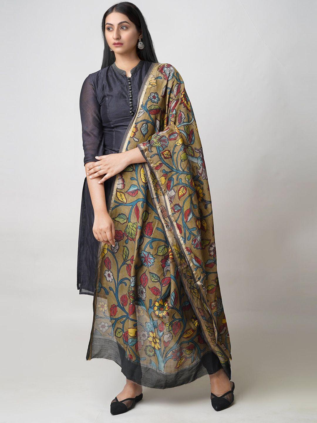 unnati silks floral printed zari cotton silk kalamkari dupatta