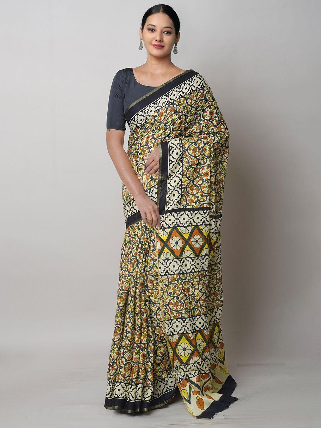 unnati silks floral printed zari pure cotton handloom block print saree
