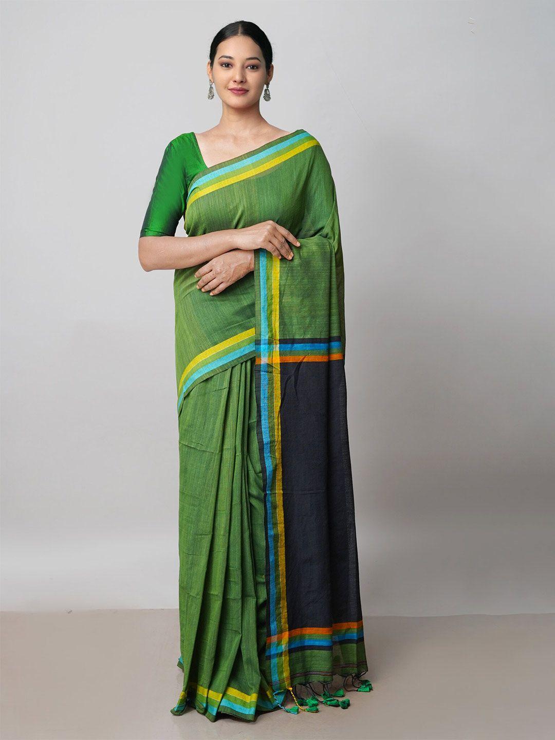 unnati silks green & black pure linen handloom jamdani saree