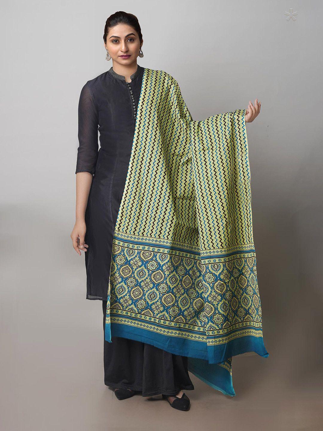 unnati silks green & blue ethnic motifs printed pure cotton dupatta