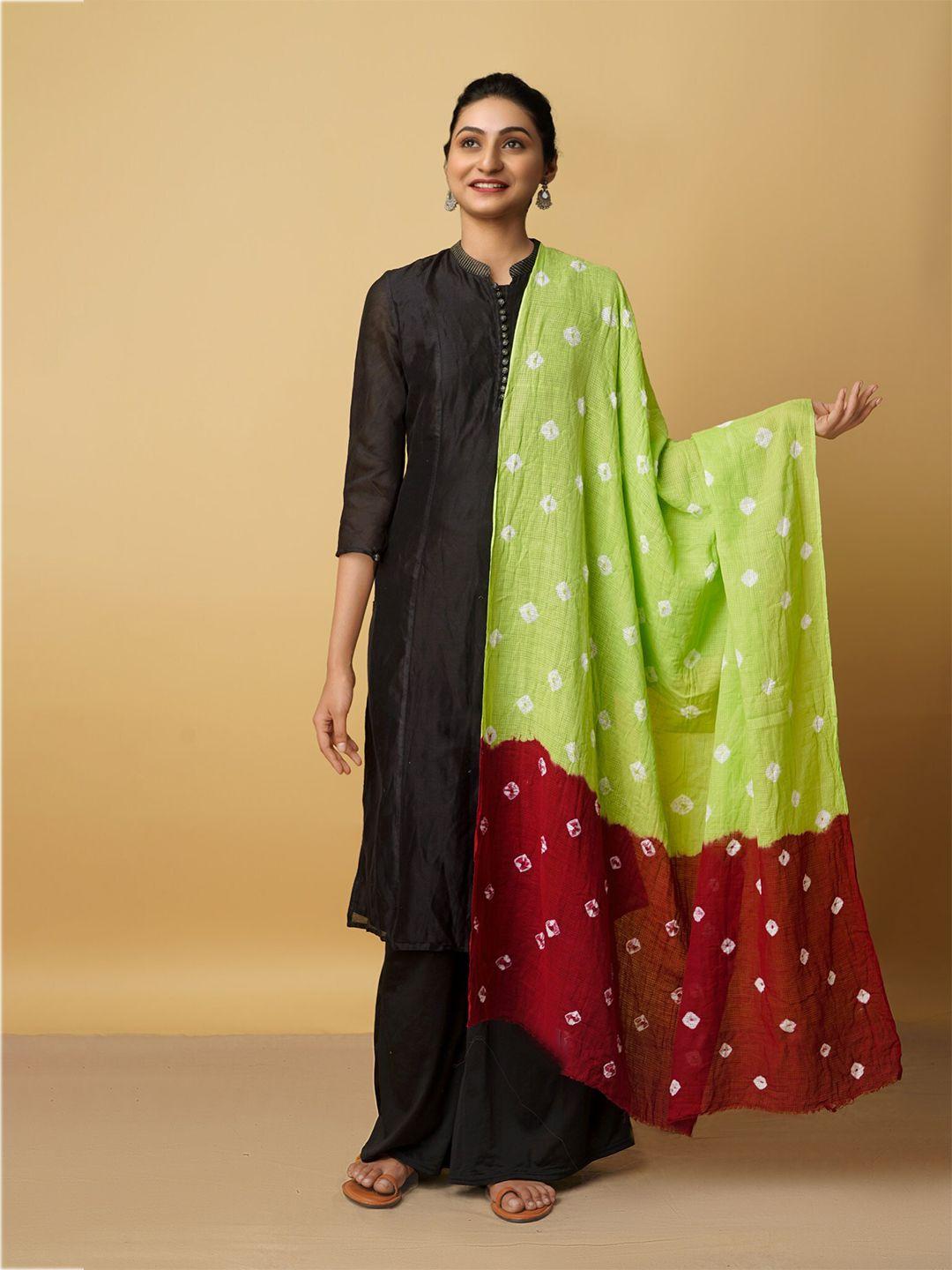 unnati silks green & maroon printed pure cotton shibori dupatta