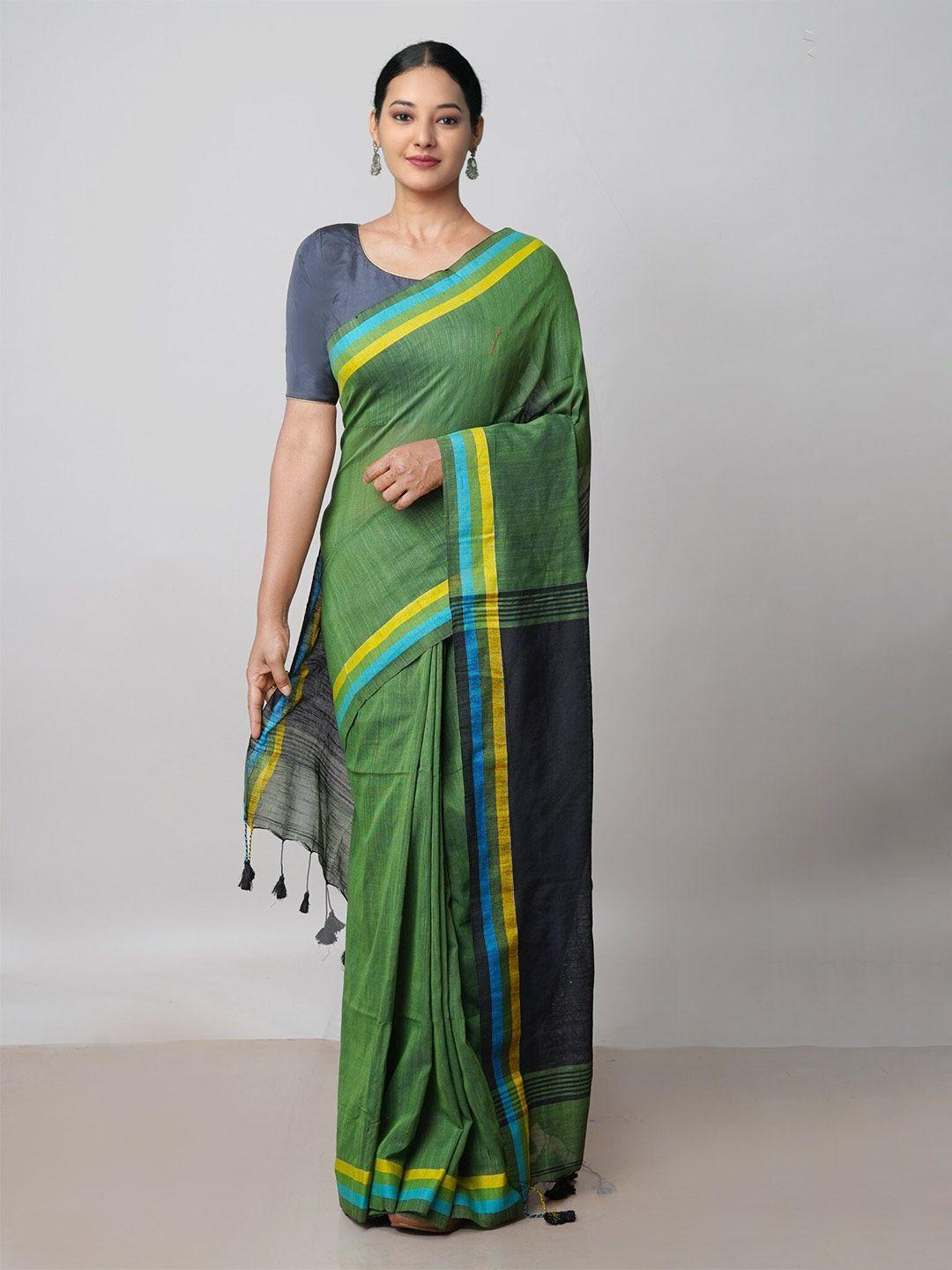 unnati silks green & navy blue pure linen jamdani saree